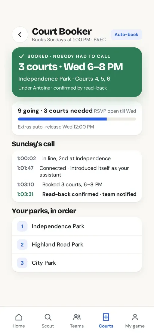 Climb Court Booker screen: 3 courts booked for Wednesday 6 to 8 PM, nobody had to call