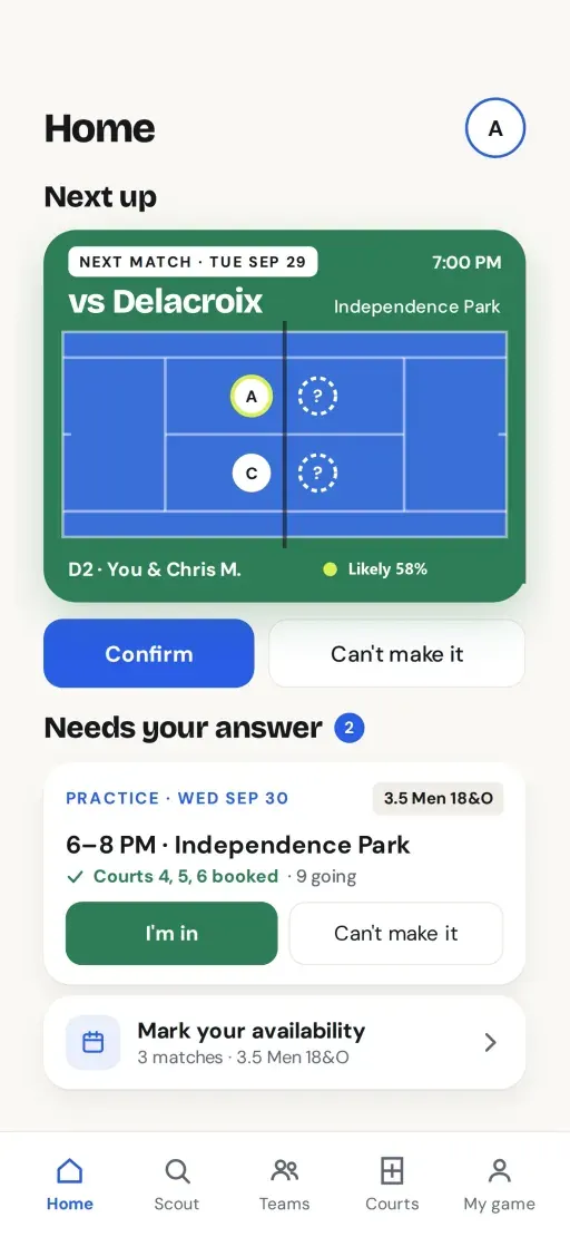 Climb Home screen: next match against Delacroix on Tuesday at 7 PM at Independence Park, you and Chris M. on court D2, Likely 58 percent