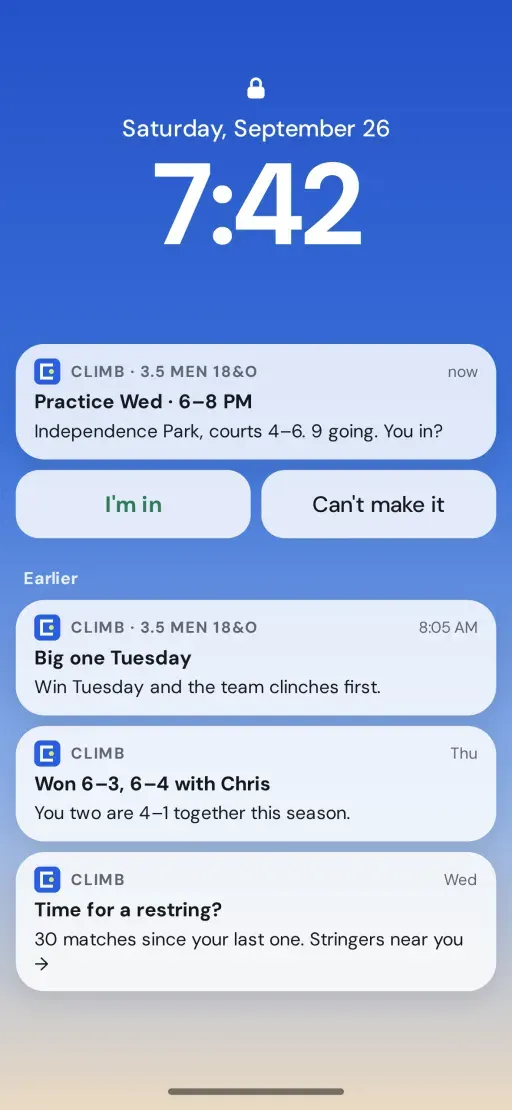iPhone lock screen with a Climb practice reminder and I’m in / Can’t make it buttons