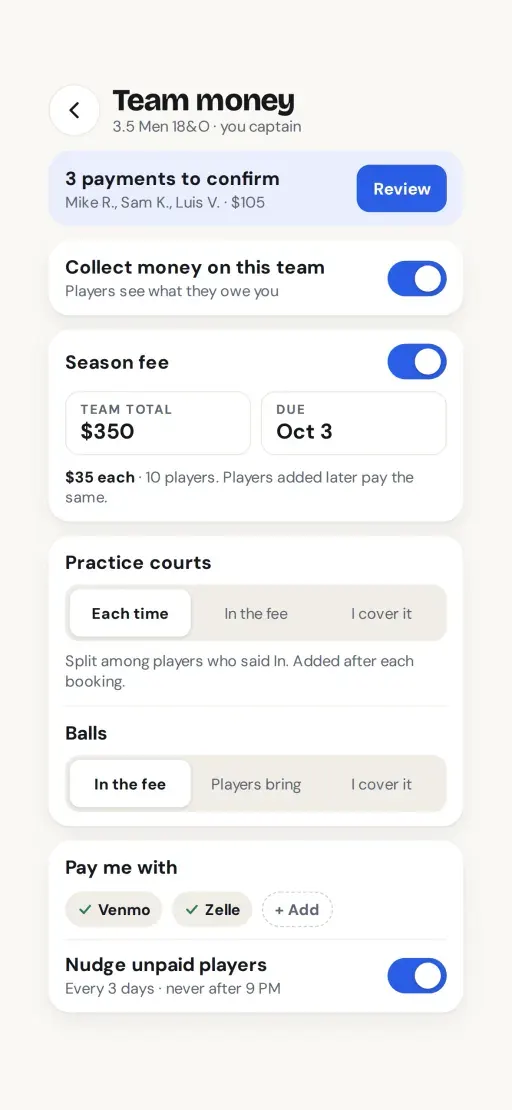 Climb Team money screen: 3 payments to confirm, season fee and court costs